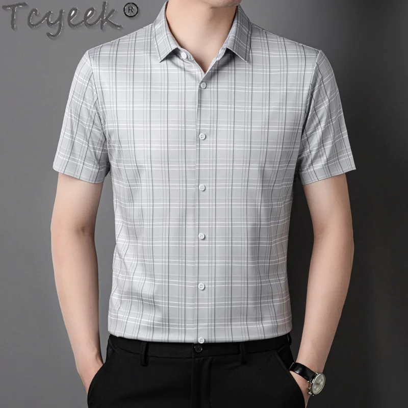 Tcyeek 4% Mulberry Silk Shirt Men Summer Clothes Short Sleeve Plaid Shirts Business Casual Mens Shirts Thin Style Chemise Homme