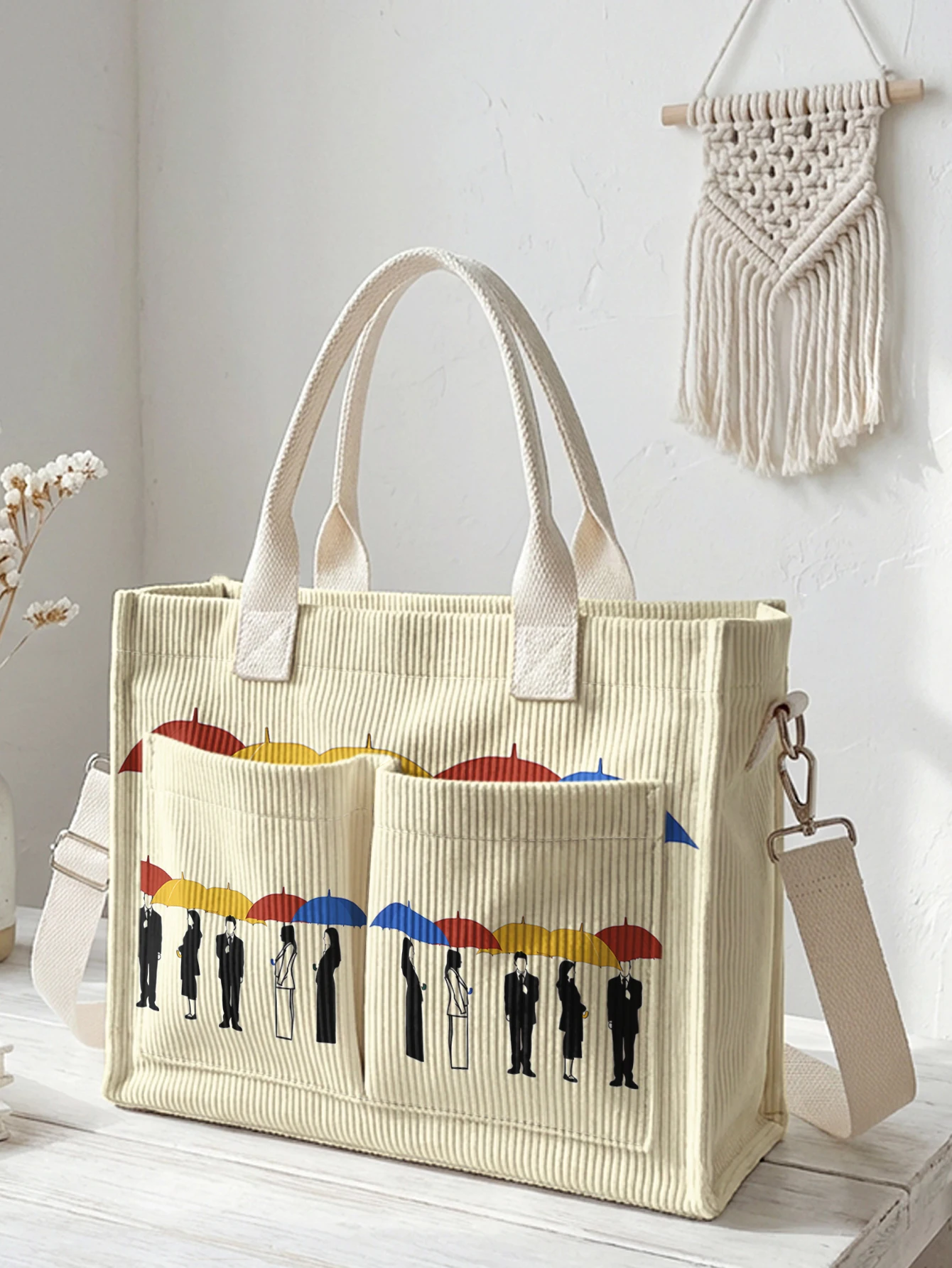 

Umbrella & People Print Corduroy Tote Bag Large Capacity Multi Pocket Commuter Shoulder Bag