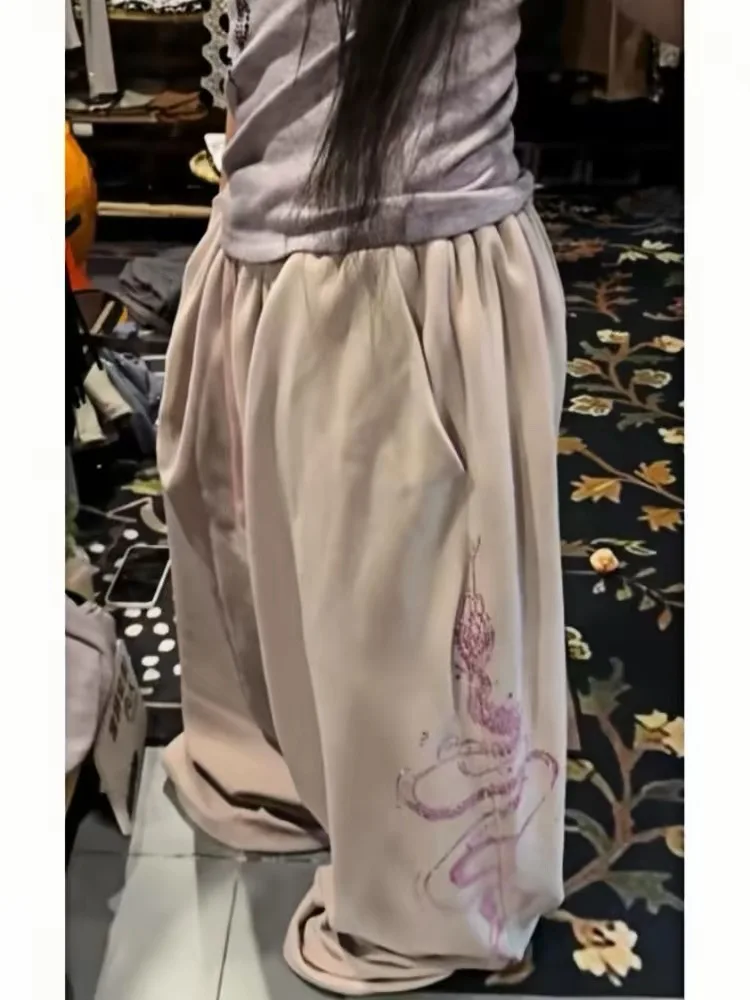 American Style Street Dance Jazz Loose Wide Leg Pants Women's Hip Hop Sports Pants Trendy High Waist Cotton Blend Diamond Hea...