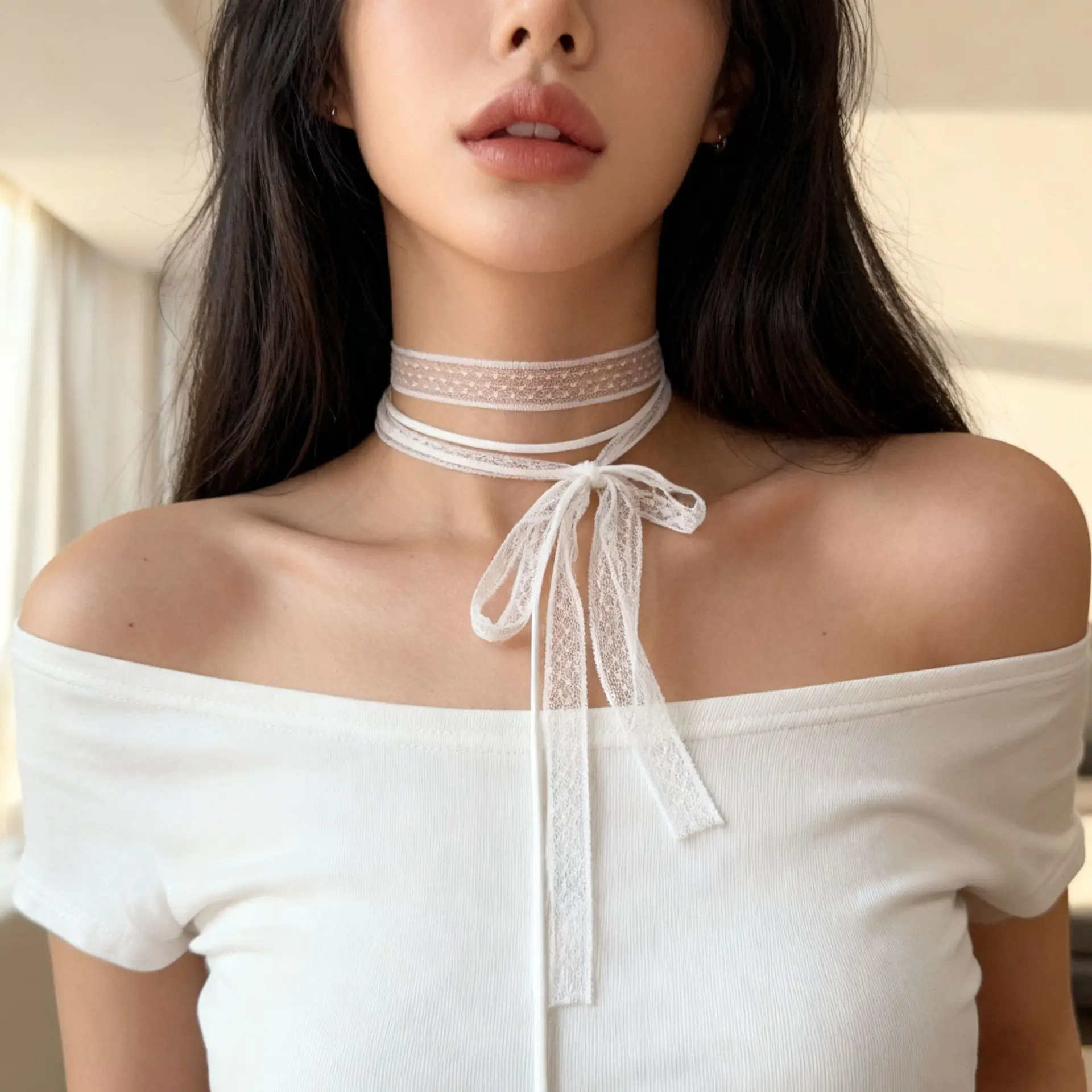 Fashion Y2k Bowknot Choker Necklace for Women Sexy Black White Lace Short Clavicle Chain Gothic Aesthetic Jewelry