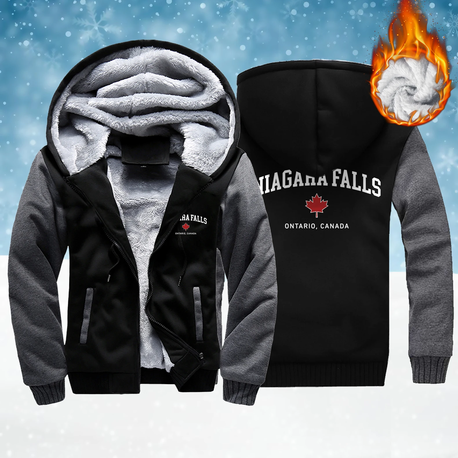 

Niagara Falls Ontario Canada Print Zipper Thicken Coat Men Street Fleece Hoody Fashion Casual Clothes Unisex Winter Loose Top