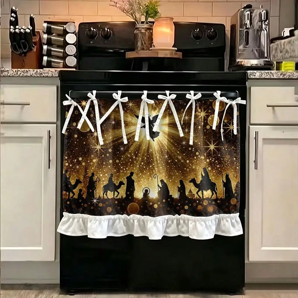 2D Flat, 1pc Christmas Kitchen Stove Oven Valance, 2D Print Nativity Scene Silhouette Starry Night Also Be Decoration Curtain for Dishwasher Microwaves Cabinet Kitchen Sink, Cute Christmas Gift, Makes a Great Addition to Your Christmas Theme Home