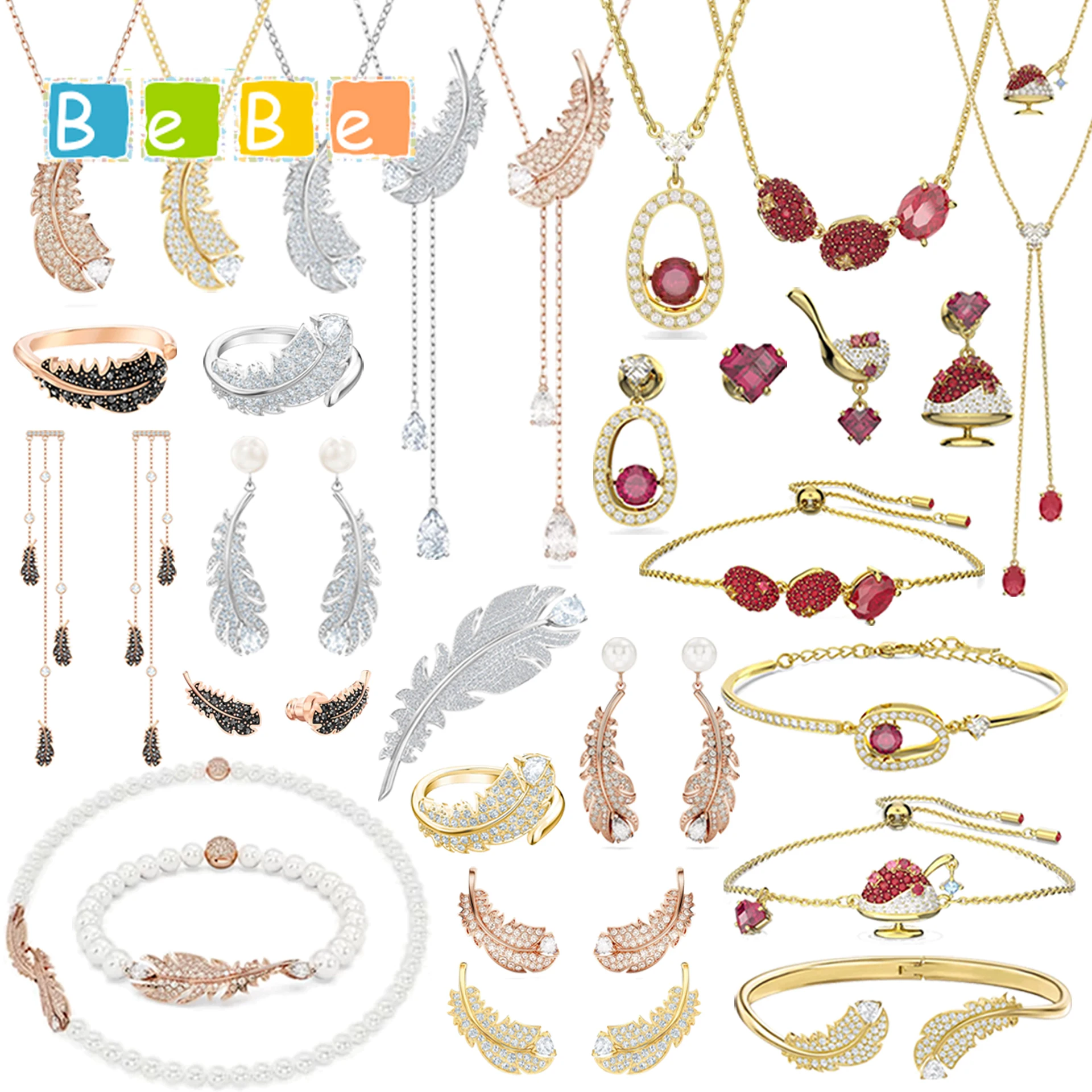 

Ювелирные наборы к 2026-летию: модные серебряные кулоны с перьями и красными бусинами, кристаллами, ожерелья и серьги из розового золота с жемчугом для женщин