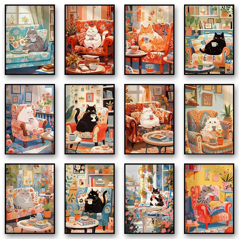 Pintura de Diamantes: Gato Escocés de Pelo Largo Bebiendo Café, Gato Tabby Gris, Mosaico de Diamantes, Arte Hecho a Mano, Regalo Exquisito, Decoración del Hogar