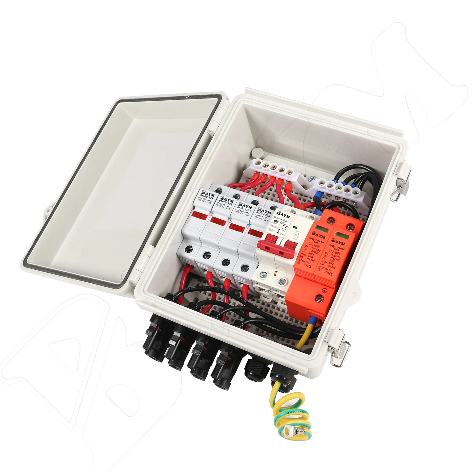 IP65 4 In 1 Out 15A 4 String Solar PV Array Plastic DC Combiner Box,Connector, Lightning Surge Protector MCB Lock Indicator