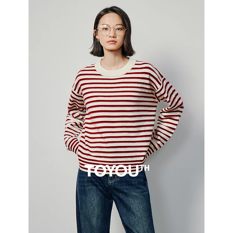 TOYOUTH Women Sweater 2024 Spring Long Sleeve O Neck Loose Knitwear Classic Striped Warm Soft Clothes Loose Tops As Gift