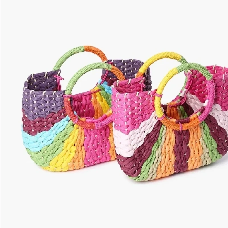 Bohemian Color Contrast Straw Bag Rainbow Color Design Women's Hand-made Paper Weaving Handbag Summer Seaside Holiday Beach Tote
