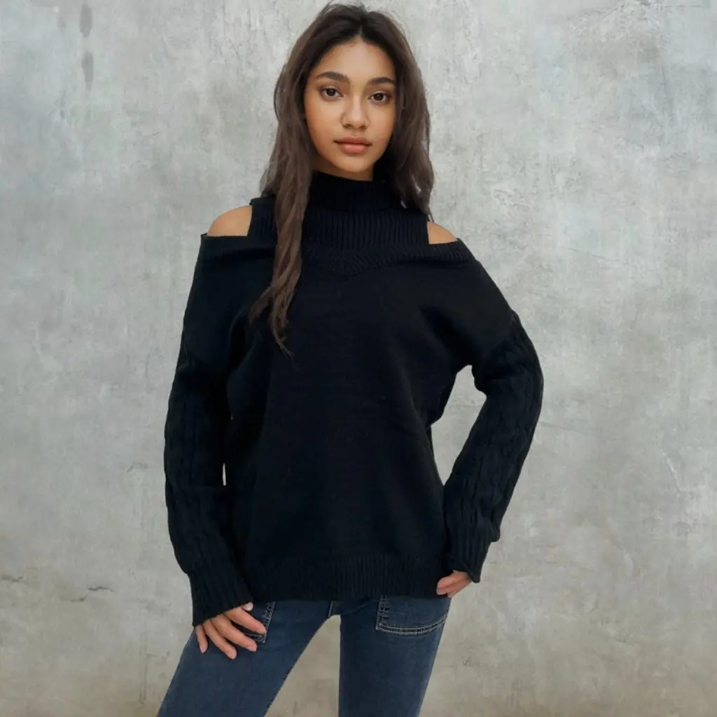 

Women's Autumn Winter Shoulder Coat Semi-High Collar Loose Fit Fake Two-Piece Sweater Style European American Design