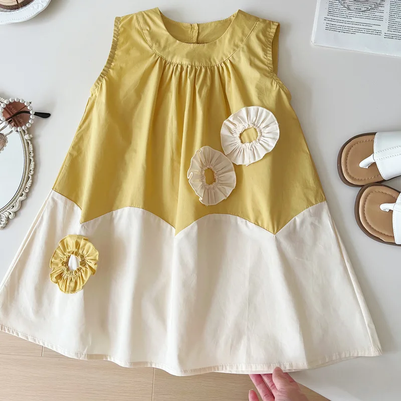 

Girls' Summer Dress2024New Little Girl Fashion Sleeveless Princess Dress Women's Cotton Color Matching Vest Dress