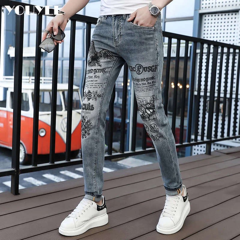 Jeans Men's Slim Fitting Eagle Print Hot Diamonds Designer Fashion Hip-hop Punk Light Color Elastic Straight Man Pants 28-36size