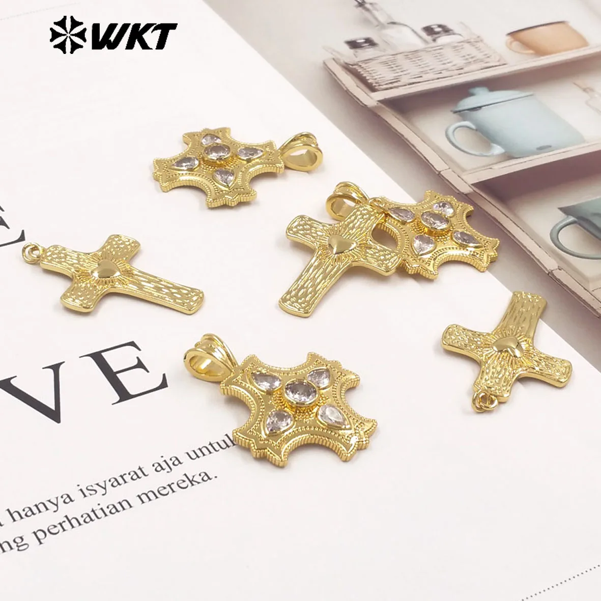 WT-P2118 Square Cross Shape With Transparent Zircon Paved Yellow Brass Pendants For Necklace Jewelry Findings 5