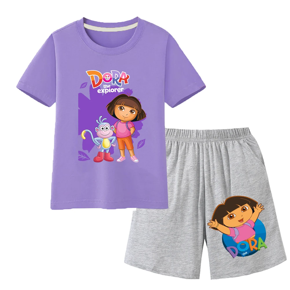 Dora's The Explorer Animated Cartoon Print Design Classic O-neck Short Sleeve and Fitted Shorts Children Summer Two-piece Set