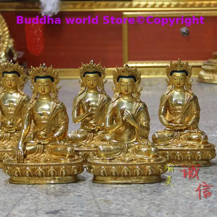 A set 5PCS Five Dhyani Buddhas statue Buddhism Vairocana Aksobhya Ratnasambhava Amitabha Amoghasiddhi Gold-plated buddha statue