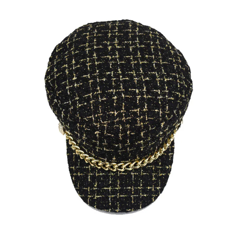 Women Girls Newsboy Hats Baker Boy-Hat Captain Sailor Peaked-Beret Caps Plaid Tweed with Chain