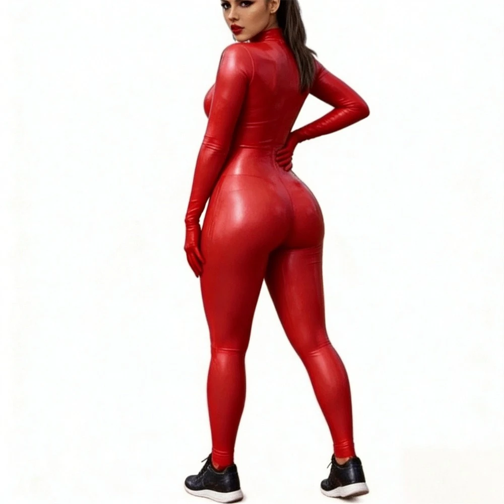 Female Bodysuit Handmade Red Natural Latex Catsuit No Any Zipper Neck Entry Attached Gloves and Sock