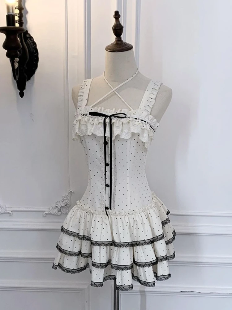 Coquette Sweet Korean Square Neck Camisole Dress Set Women Polka Dot Lace Trim Bow Ruffle Long Sleeve Cropped Cardigan Slim