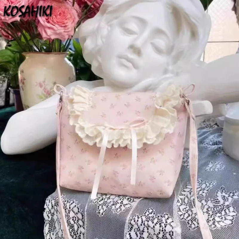 2024 Sweet Y2k Aesthetic Ins Bow Crossbody Bag Patchwork Kawaii Cute Flower Print Handbags Fashion Women All Match Shoulder Bags