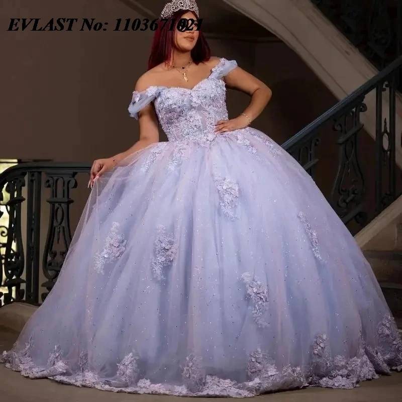 EVLAST Glitter Blue Quinnceanera Dress Ball Gown Shiny Floral Applique Beading Mexican Corset Sweet 16 Vestidos De 15 Anos SQ561