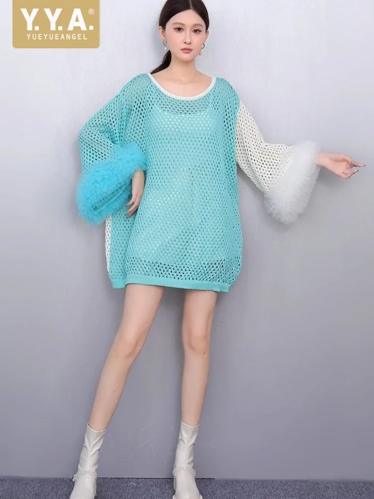 

High Street Women Mesh Hollow Out Sexy T-Shirt Mixed Colors Long Sleeve Spliced Lace Loose Fit Spring Summer Pullover Tees Top