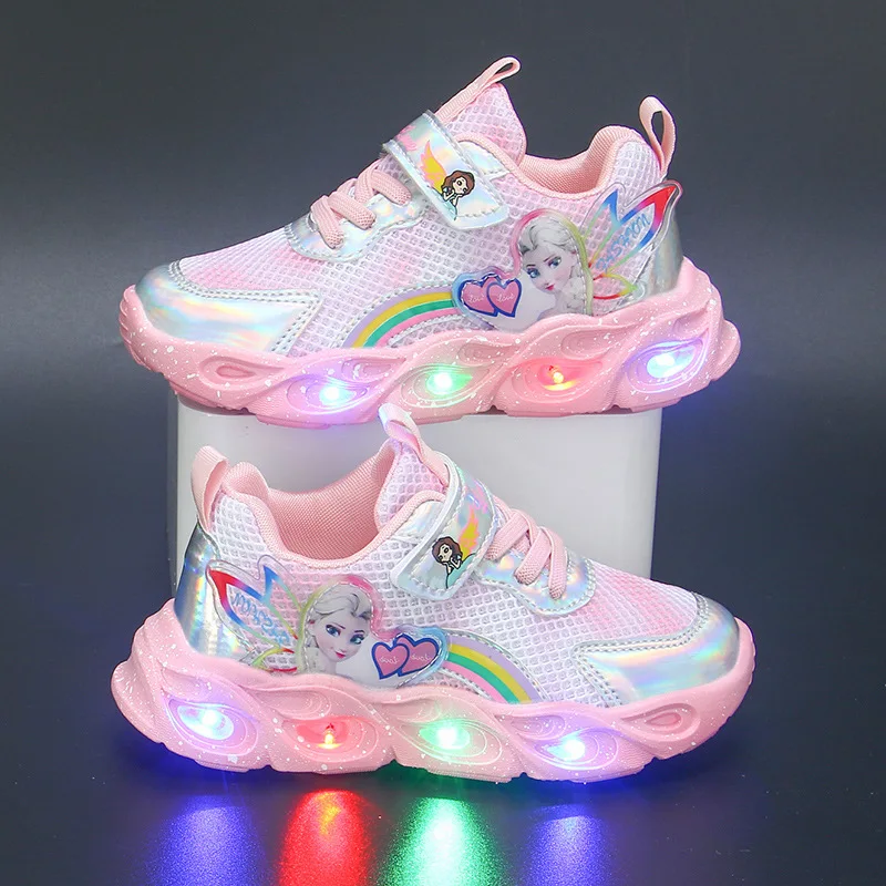 New 2024 Disney LED Casual Sneakers for Spring Girls Frozen Elsa Princess Print Pu Leather Shoes Children Lighted Non-slip