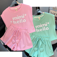 New 4 -14 Years  Summer Girls Clothing Set Letter Print Sleeveless T-shirt + Heart Shorts Pants 2pcs Suit Kids Leisure Outfit