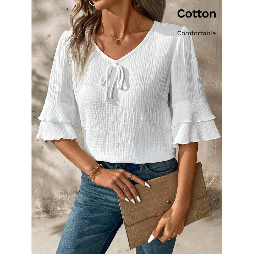 1 100% Cotton Casual Women's T-Shirt, the Design of Layered Sleeves Is Fashionable and Elegant