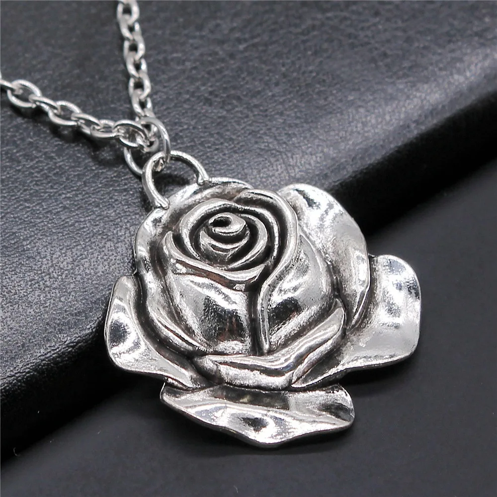 Fashion Vintage Antique Silver Color 36x33mm Rose Pendant Necklace For Women Men Long Chain Trendy Jewelry Accessories