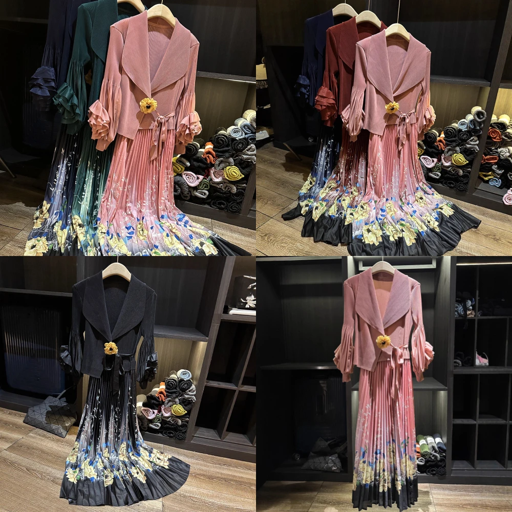 

Miyake Wrinkle 2025 Large Size Reduced Age Printed Wrinkle Long Dress with Elegant and Niche Design French Dress for Women