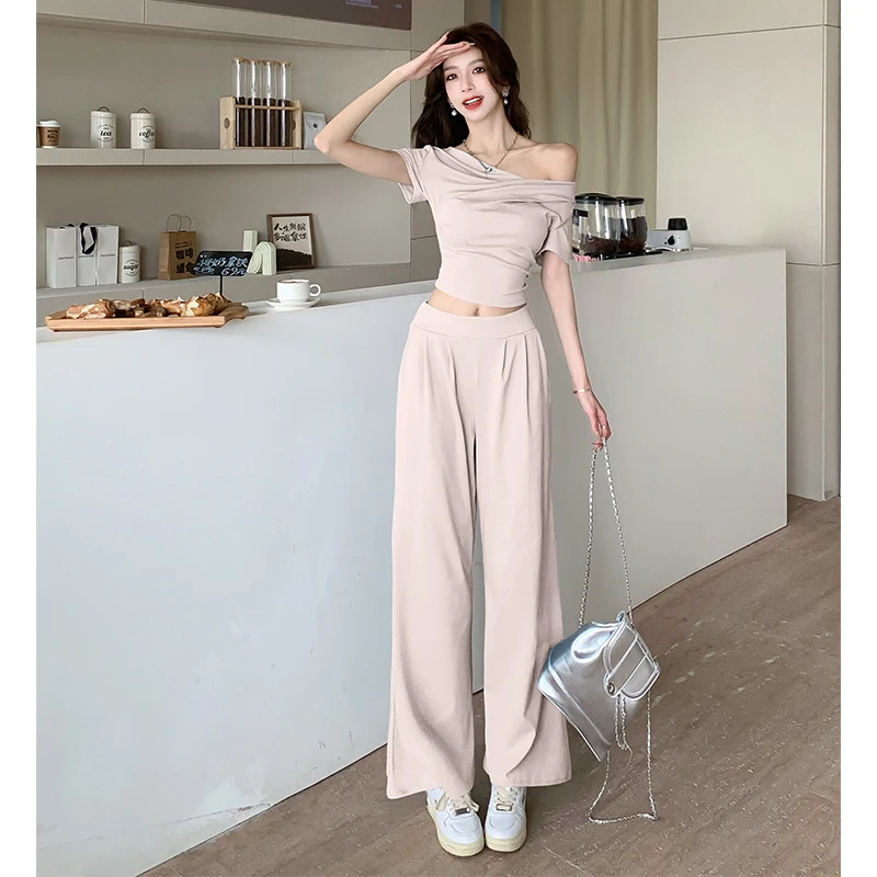 New Summer 2024 Solid Women Set di due pezzi irregolare con spalle scoperte pantaloni lunghi a gamba larga Casual Fashion Ladies Sets abbigliamento