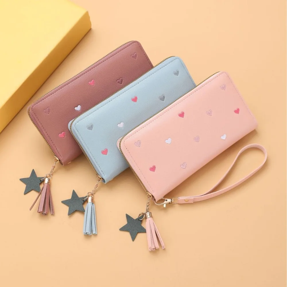 

Ins Korean Women's Long Wallet PU Leather Love Heart Large Capacity Wallet Fold Long Tassel Clutch Bag Girls