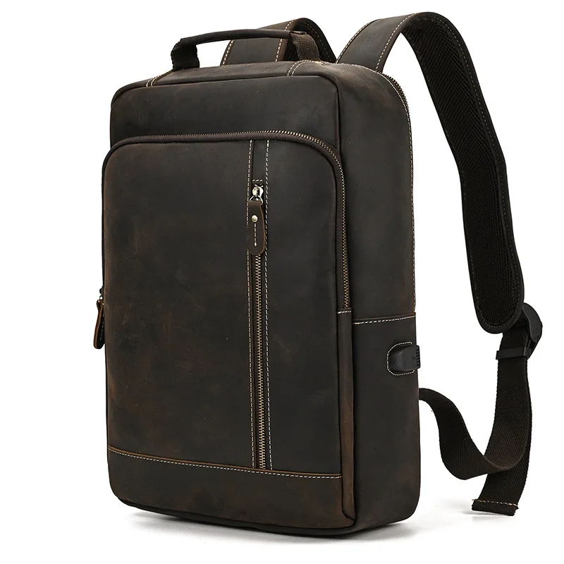 

Backpack Crazy Horse Leather 16 Inch Large Capacity Leather Shoulder Retro First Layer Cowhide School Bag Computer Bag with USB