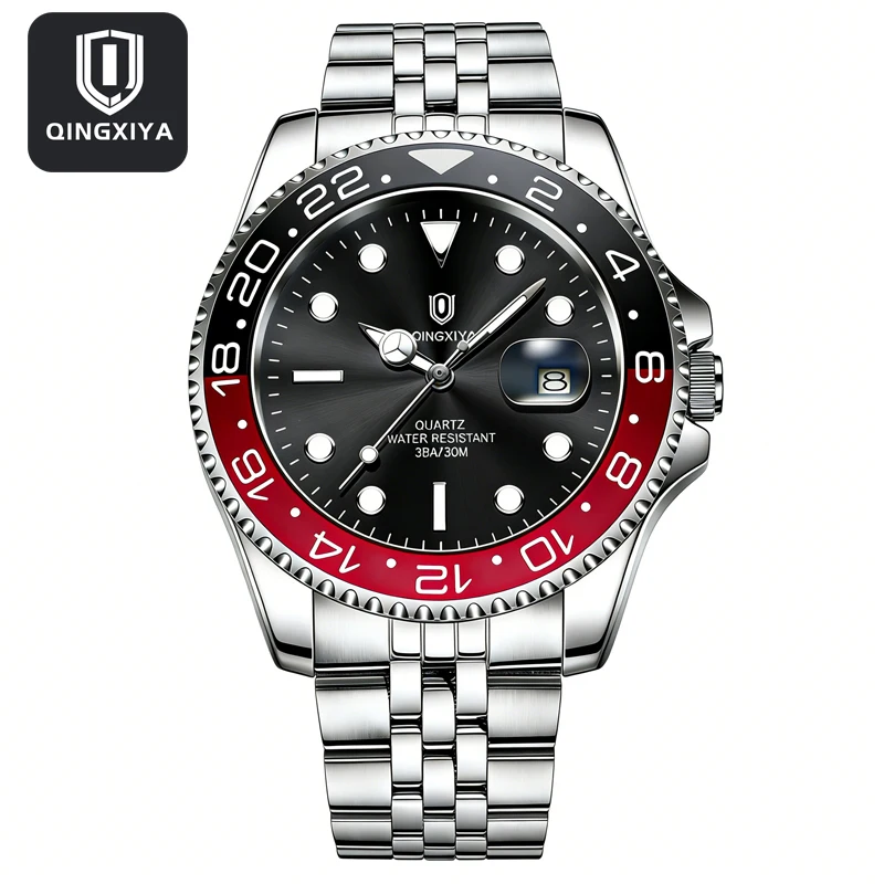 Reloj QINGXIYA a la moda para hombre, reloj de cuarzo Original resistente al agua con fecha y esfera giratoria de acero inoxidable, reloj de cuarzo de marca de lujo para hombre