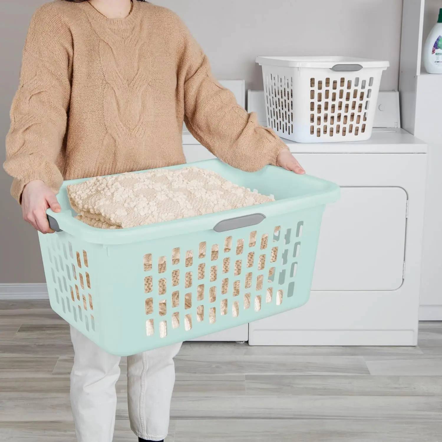 12 Pack Mint Plastic Laundry Baskets, 2 Bushel Rectangular Clothes Hampers, Ventilated Open-Top Storage Bins with 4 Handles