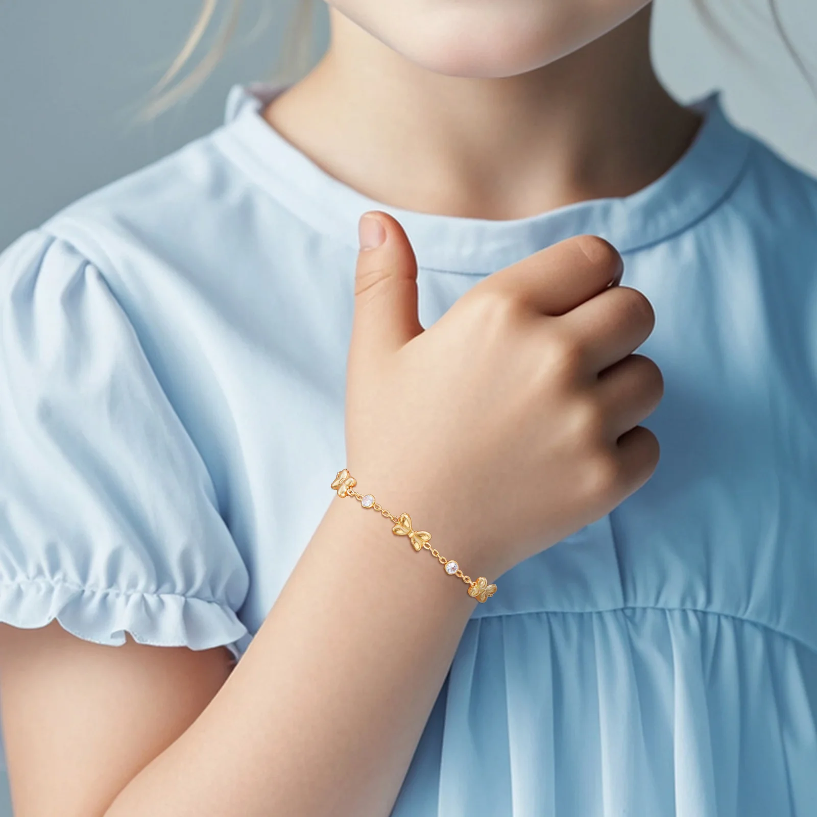 Vnox Stainless Steel Children\'s Bracelet For Baby Girls,Cubic Zirconia Inlay With Bow Element Chain,Cute Style Jewelry Daily