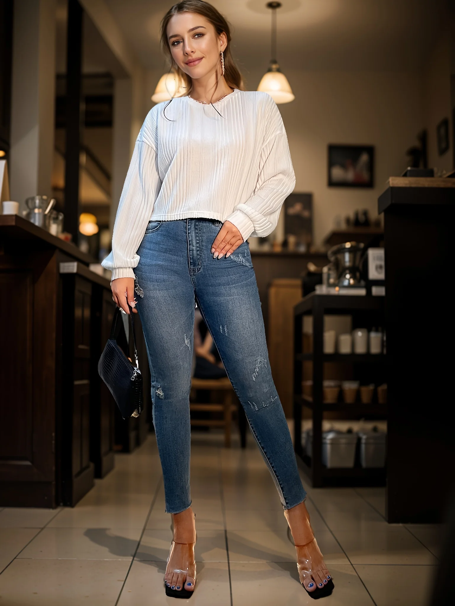 Elegant Fashionable Women's White Overhead Sweater Stylish Chic Ladies' Top view 4