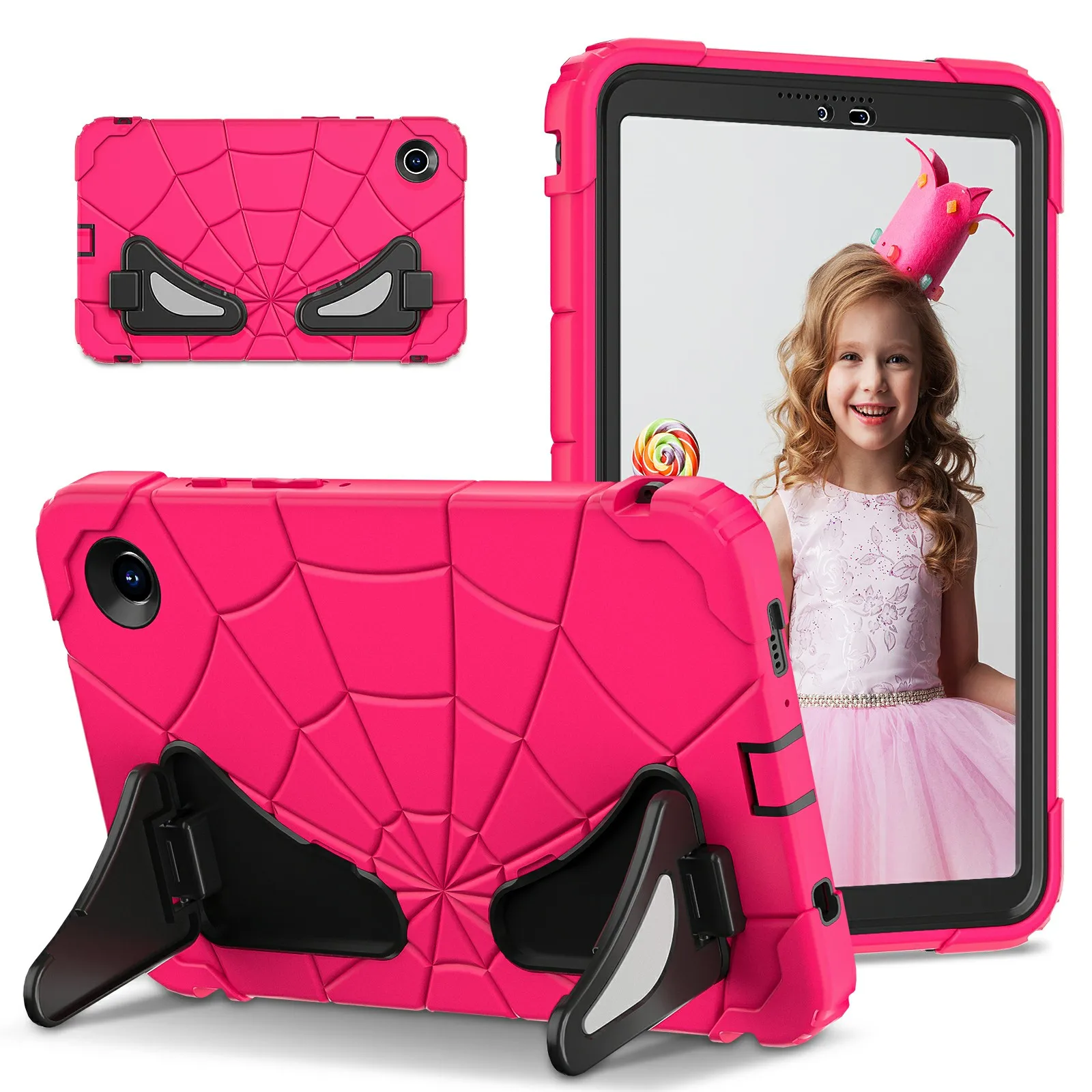 For Samsung Galaxy Tab A11 Case Spider Style Silicone + PC Kickstand Tablet Cover - Rose  /  Black
