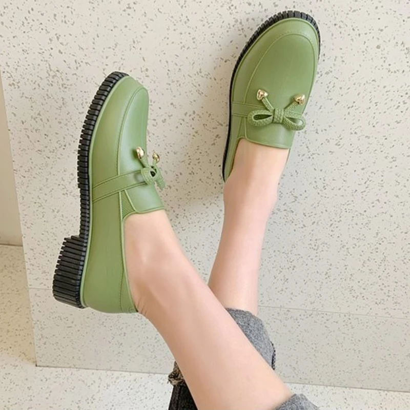 

​ Женские нескользящие непромокаемые резиновые сапоги с бантом в корейском стиле, резиновая рабочая обувь с низким берцем и коротким валом для улицы