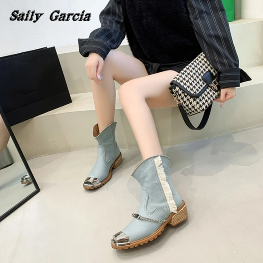 Autumn New Mid Heel Casual Boots Retro Denim Blue Metal Chain Slip On Modren Boots Square Toe Patent Leather Chelsea Boots