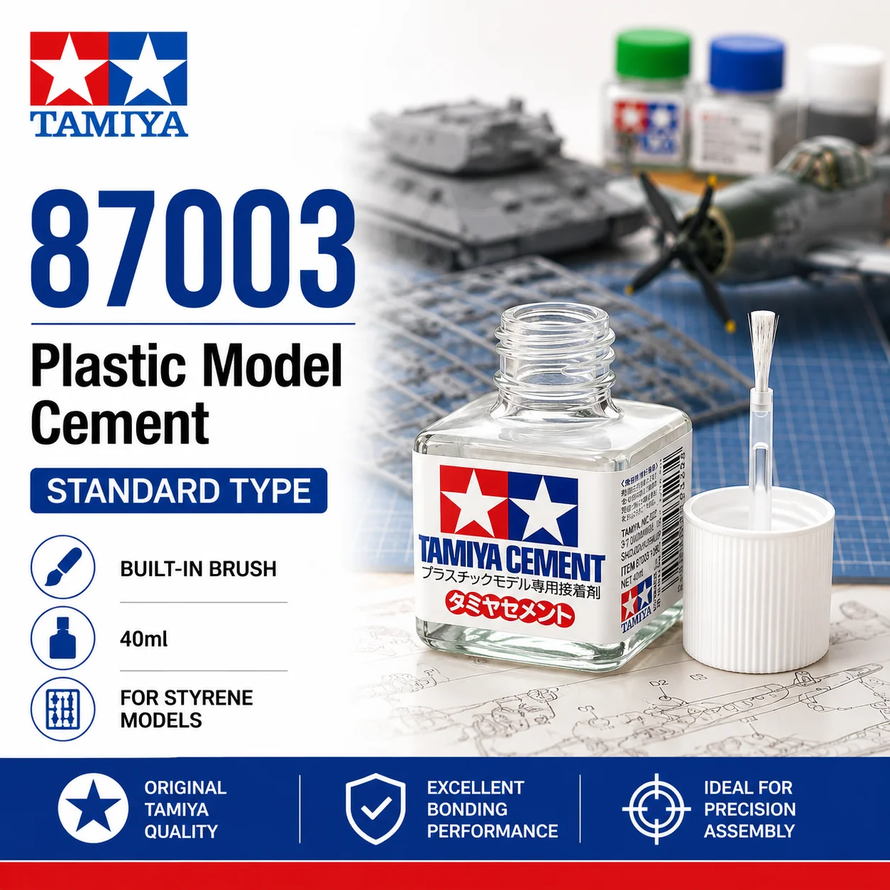 Original TAMIYA 87003 Plastic Model Cement Standard Type Adhesive with Brush for Styrene Scale Model Kit Assembly 40ml