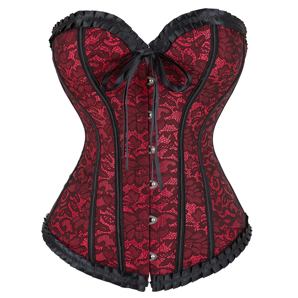 Vintage Jacquard Corset with Ruffled Trim Women Sexy Lace Up Overbust Bustier Tops Slimming Body Shaperwear