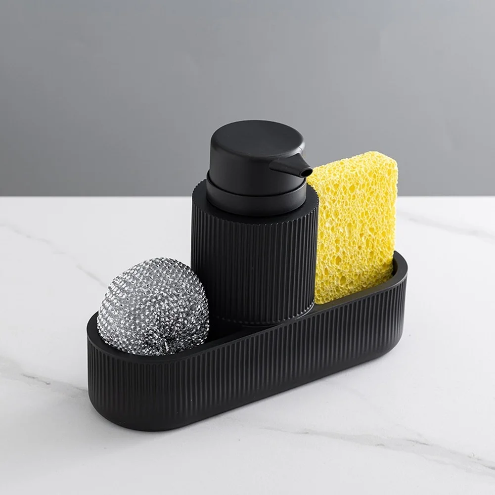 Dish Soap Dispenser Black Resin 280ml with Sponge Holder and Brush Set Designed for Kitchen Sink Use 22x8x16cm