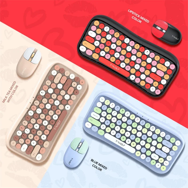 Cute Bluetooth5.0 Keyboard Set Mixed Candy Round Keys Bluetooth 2.4G Wireless Keyboard And Mouse Combo For Laptop Tablet PC Girl