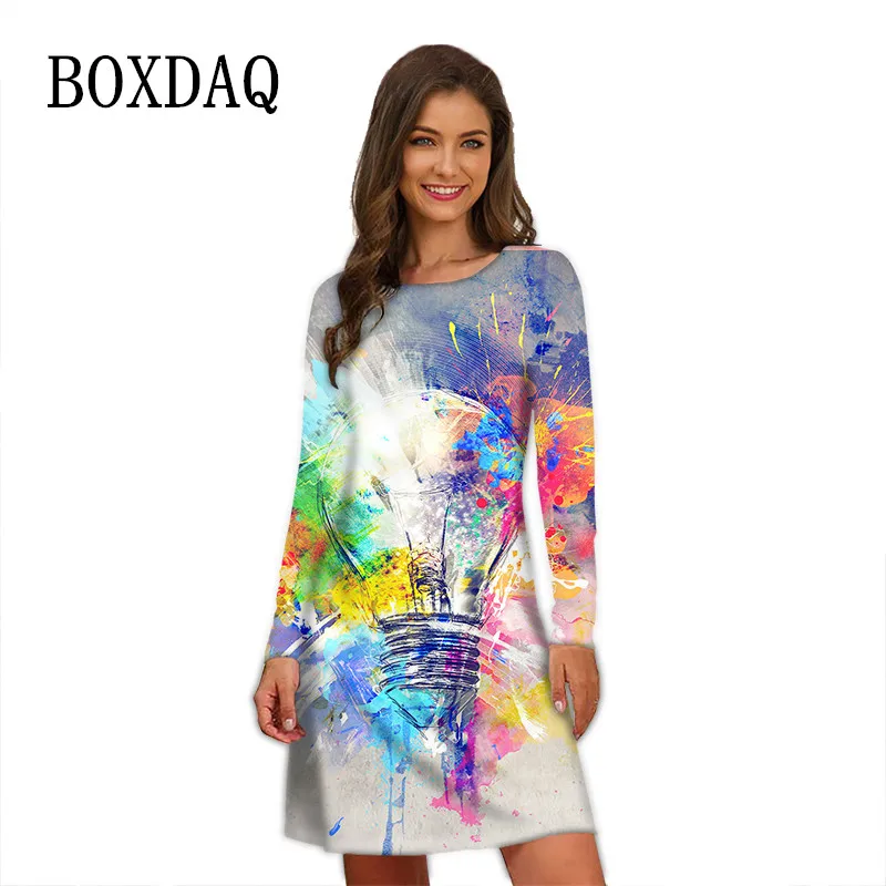 Vintage Tie Dye Splash-Ink Dresses For Women Clothing Oversized Autumn Long Sleeve O-Neck Loose Dress Streetwear Hip Hop Dress