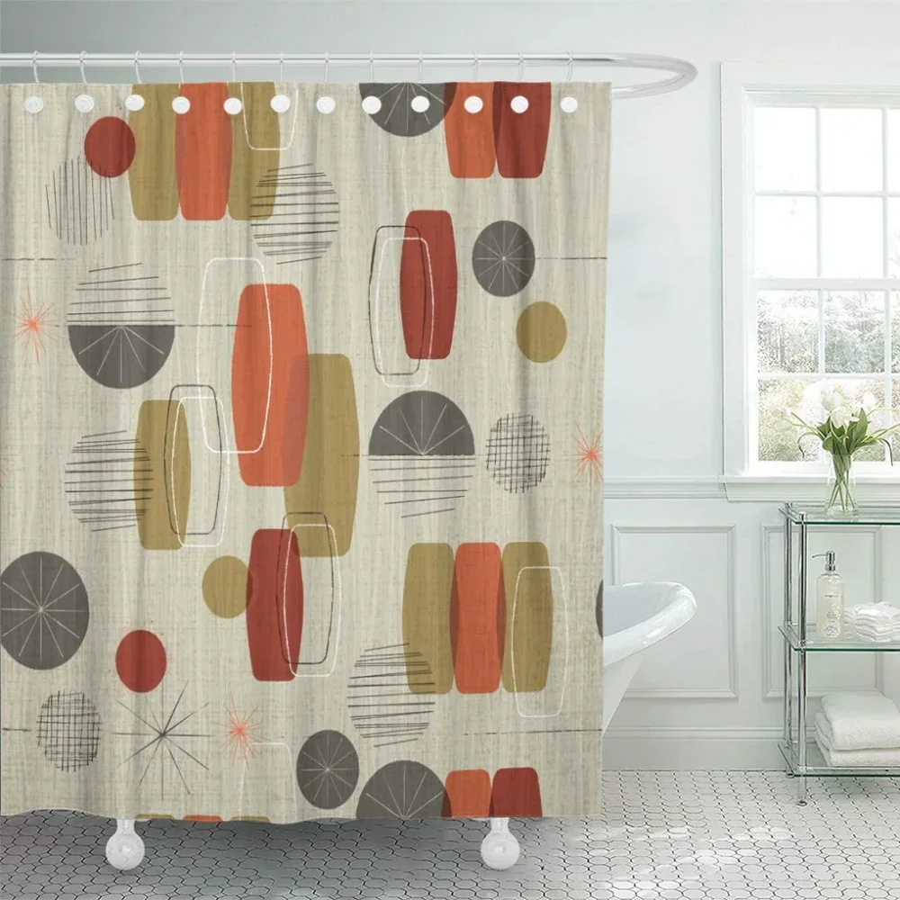 

Geometry Retro Textured Shower Curtain Polyester Fabric Vintage Shapes Stars Set With Hooks Decorative Bathroom Bathtub Screen