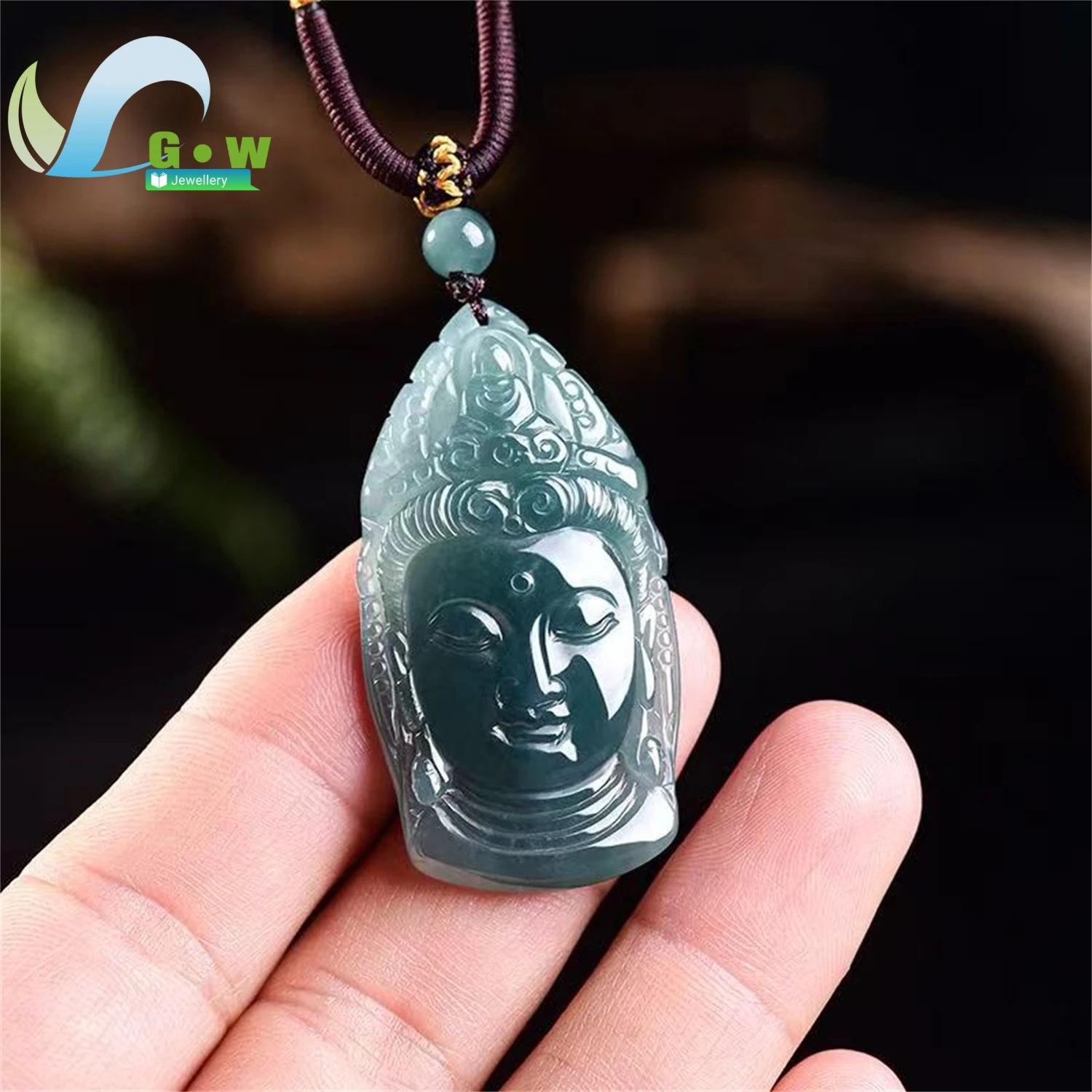 Natural A Grade Jadeite Blue Water 3D Sculpted Guanyin Head Pendant Icy Hanging Ornament Unisex Exquisite Ethnic Jewelry Gift