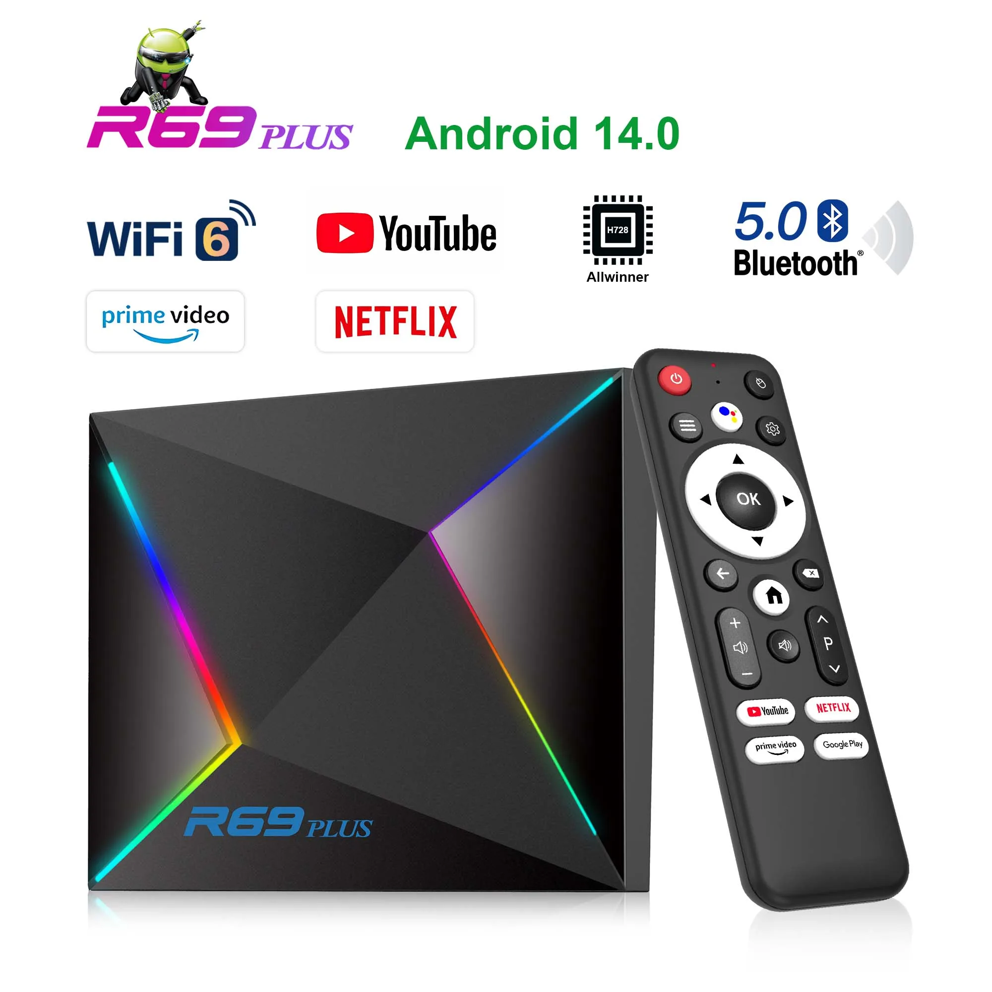 New Android Box R69 Plus Android 14 Set Top Box AllwinnerH728 TV Box 8K WiFi6 HD Bluetooth Ethernet 1000M Streaming Media Player