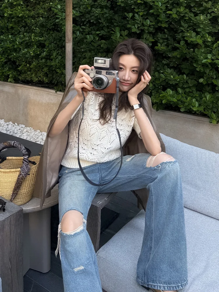 

Alone Savor Moonlight Handwritten Wool Blend ort Sve Knitwear Casual Loose Fit Ladies Faion Spring Season Thin Model