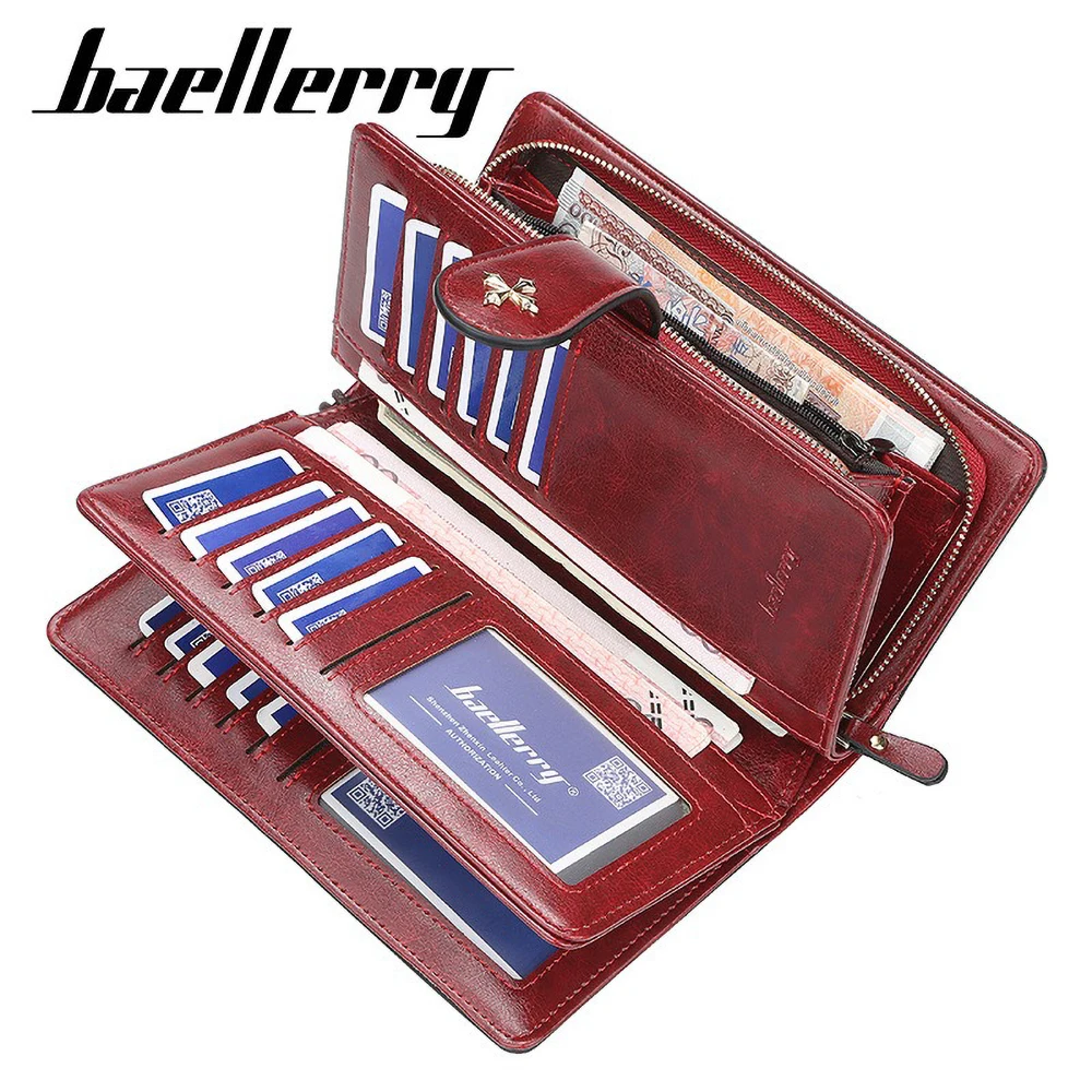 กระเป๋าสตางค์ยาวสำหรับผู้หญิง Baellerry พร้อมซิปคู่ ช่องใส่บัตรหลายช่อง ดีไซน์สร้างสรรค์ กระเป๋าคลัทช์เรียบง่าย ความจุเยอะ พร้อมสายคล้องมือ