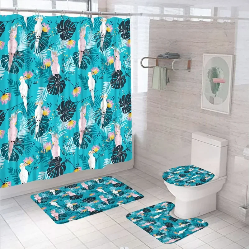 Tropical Bird Parrot Bathroom Curtain Set Green Leaves Flower Summer Plant Shower Curtains With Bath Mat Carpet Toilet Lid Cover