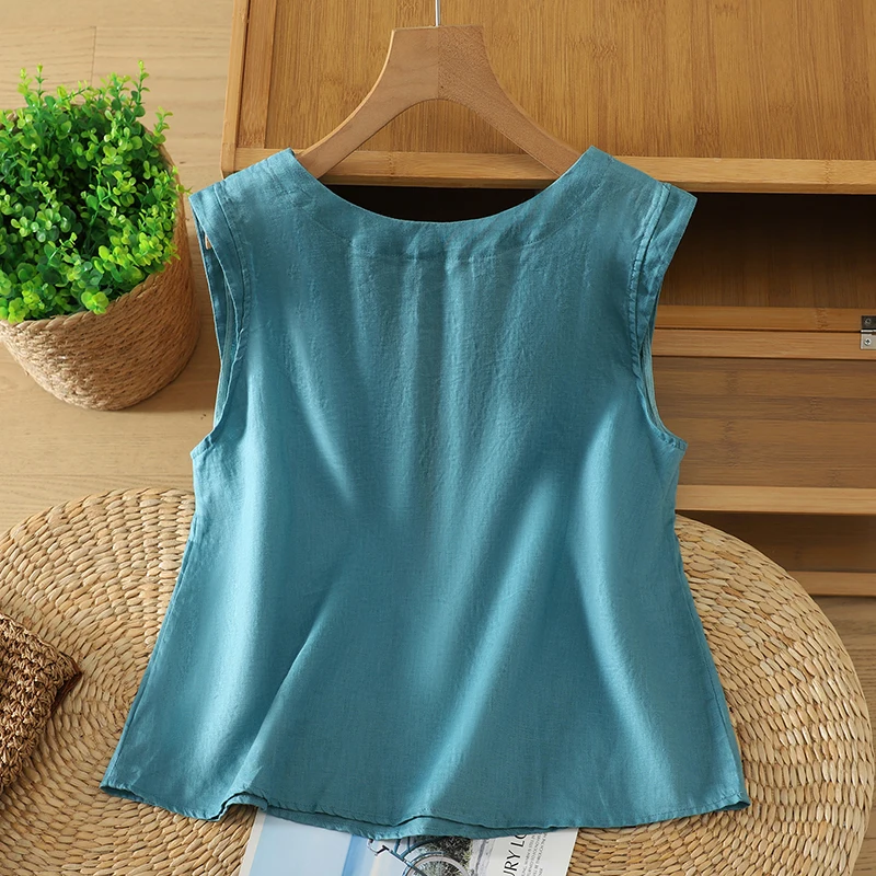 Slimming Effect Lake Blue Fashionable Loose Vest Women's T-Shirt Thin Pure Color Button Cotton Linen Blend Breathable Summer Top